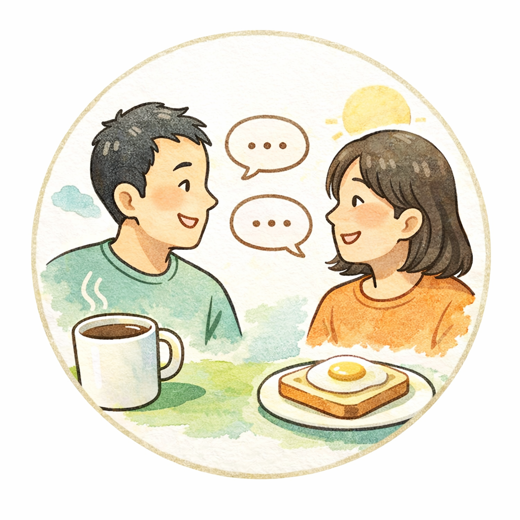 コーヒーとトーストを前に向かい合って楽しそうに話す夫婦のイラスト。Sunday Brunch LOGのチャンネルイメージ